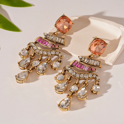 Retro Palace Dangle Earrings Alloy Luxury Rhinestone With 925 Sterling Silver Earring Post For Women