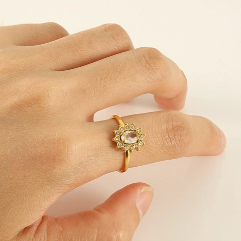 Stainless Steel Sunflower Ring 18K Gold Plated Zircon Adjustable Oval Stone Fashion Jewelry For Women Sweet Cool Style