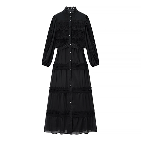 Long Sleeve Maxi Dress Lace Patchwork Mesh Hollow Out High Waist Elegant Stand Collar Button Front Polyester