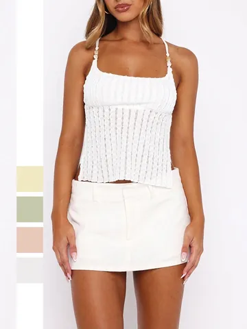 Canotta Camisole Testurizzata Y2K Da Donna Schiena Scoperta Allacciatura Incrociata Sexy Spalline Con Perline Crop Top Estate Poliestere