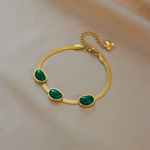 Women Jewelry 18K Gold Plated Stainless Steel Emerald Green Gemstone Flat Snake Bone Chain Necklace And Bracelet Retro