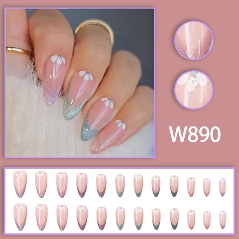 Faux Ongles Amande French Aurora Paillettes Motif Fleurs Blanches Base Rose Elégants Doux Ongles Pour Femmes
