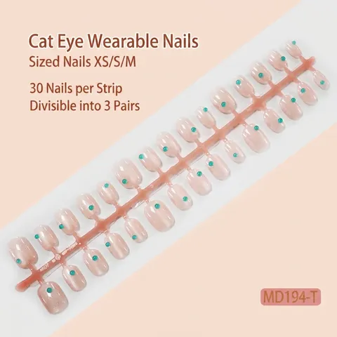 Pink Crystal Cat Eye Press On Nails With 3D Green Beads Almond Shape Translucent Glossy Elegant Wearable False Nails