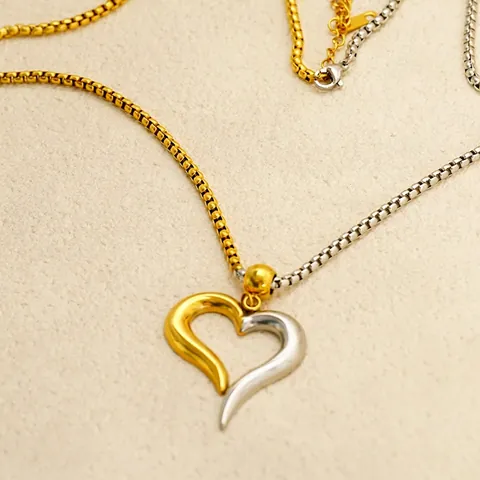Collar Con Colgante De Corazón Hueco Acero Inoxidable 304 Dos Tonos Chapado En Oro Y Plata Cadena De Caja Joyería Para Mujer