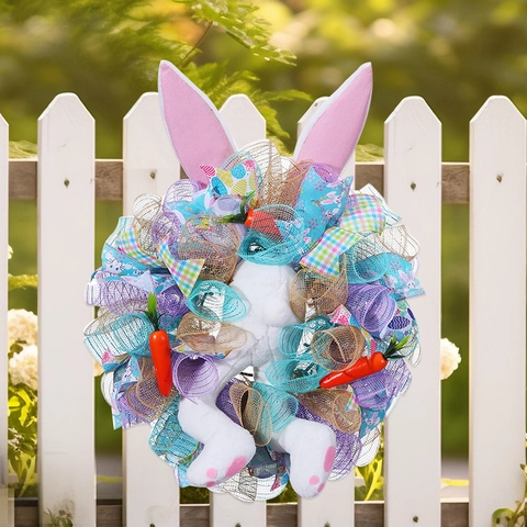 Easter Bunny Butt Wreath Door Hanging Colorful Mesh Plush Rabbit Ears Carrots Festive Party Decoration
