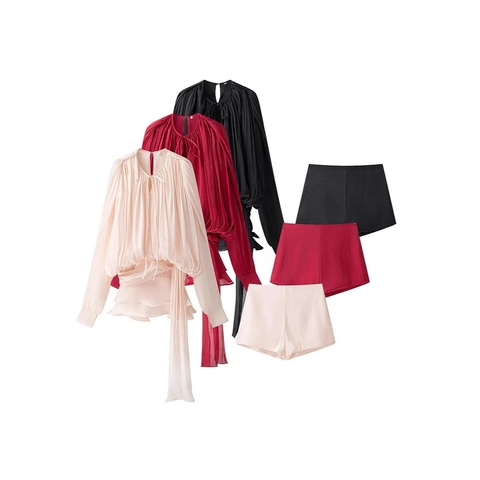 Damen Langarm Plissee Oberteil Und Shorts Elegant Chiffon Einfarbig V Ausschnitt Bindegürtel Rüschensaum Schick Kleidung