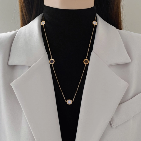 Collier En Acier Inoxydable Chiffres Romains Pendentif Rond Double Face Plqué Or Longue Chaîne De Pull Pour Femme