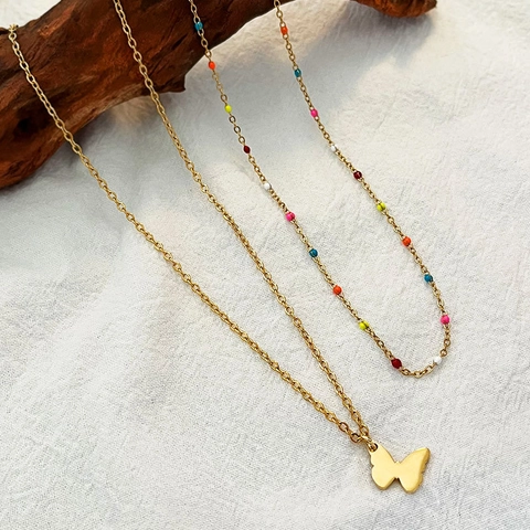 Collier Double Couche Pendentif Papillon Acier Inoxydable Perles Émail Colorées Plaqué Or pour Femme Bijoux de Mode