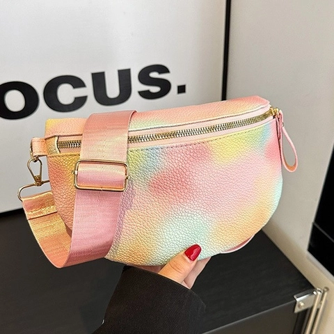 Women Rainbow Gradient Waist Bag Lychee Texture PU Leather Fashion Crossbody Chest Bag Wide Webbing Strap Half Moon Purse