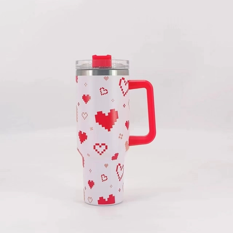 Bicchiere Termico In Acciaio Inossidabile Con Manico Coperchio Cannuccia Motivo Cuore Pixel San Valentino Taza Auto Sottovuoto