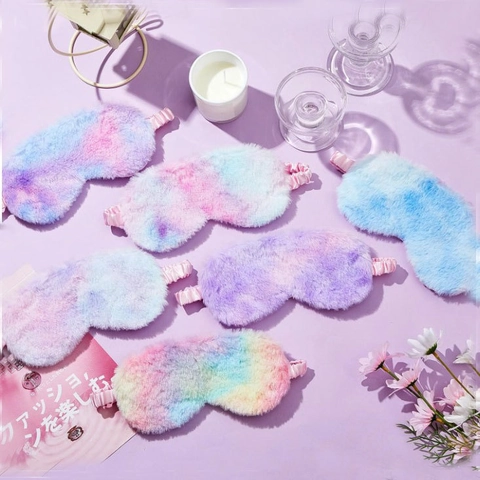 Plush Eye Mask Faux Rabbit Fur Colorful Tie-Dye Blackout Sleep Mask Soft Breathable For Travel Home Women Kids