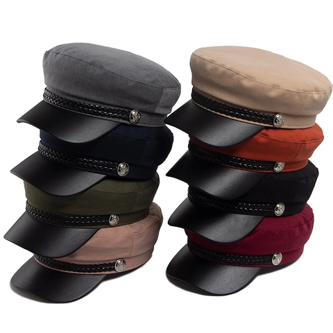 Berretto Newsboy Vintage Da Donna Cappello Baker Boy Corpo Cotone Poliestere Tesa Pelle PU Corda Intrecciata Bottoni Metallo
