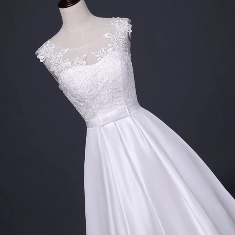Elegante Vestido De Novia Sin Mangas Encaje Satén Línea A Con Cinturón De Lazo Y Espalda De Corsé Blanco Marfil