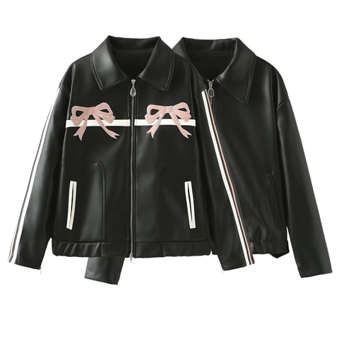Veste En Similicuir Pour Femmes Broderie Nœud Fermeture Éclair Manches Longues Vêtements D'extérieur Style Moto