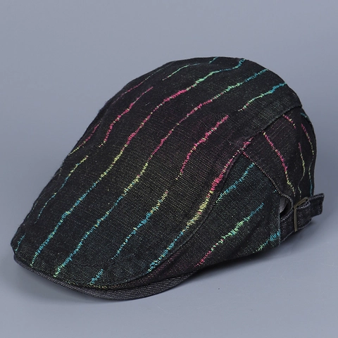 Vintage Denim Katoenen Platte Pet Kleurrijke Verticale Strepen Verstelbare Retro Baret Voor Dames Casual Streetwear