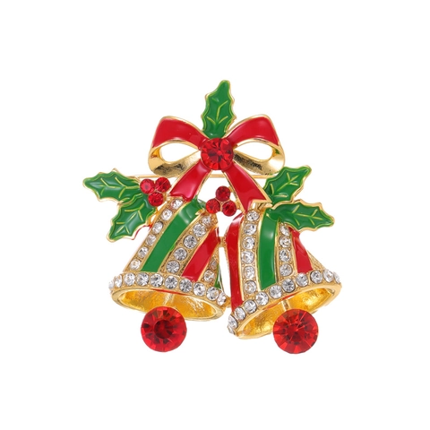 Spilla a Forma di Campane di Natale in Lega di Zinco Smalto Rosso Verde Strass Fiocco Accessorio Natalizio Gioielli Donna