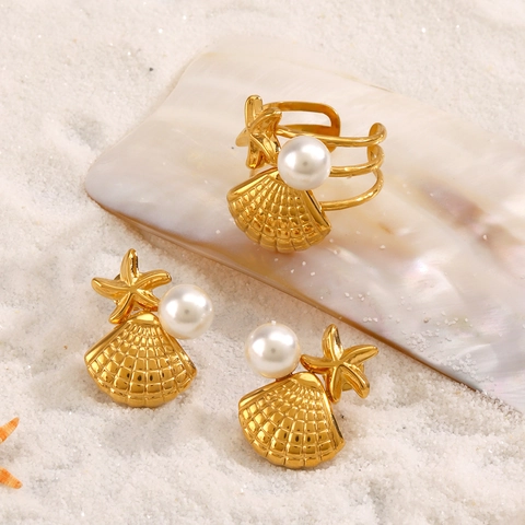 Vergoldeter Edelstahl Meeres Schmuck Mit Seestern Muschel Kunstperle Türkis Ohrringen Und Ring Für Damen Strand Stil