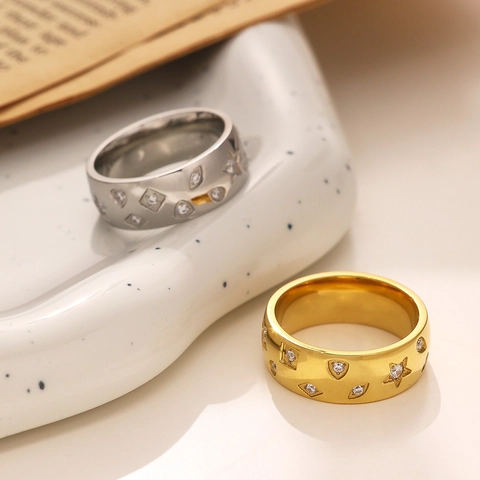 Anillo de Estrella de Circonia de Acero Inoxidable Vintage para Mujer Chapado en Oro Geométrico Banda Ancha Joyería de Moda