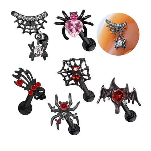 Gothic Punk Halloween Ear Studs Spider Bat Skull Hand Heart Copper Rhinestone Piercing Jewelry For Unisex Party Accessories