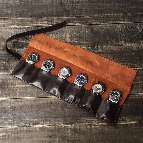 Custodia Porta Orologi in Pelle Cerata Vintage Rotolo Portatile con Scomparti Multipli per Viaggio Organizzatore Orologi Uomo
