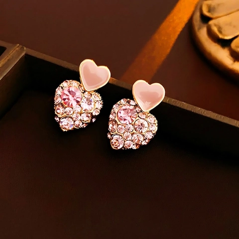 Pink Heart Stud Earrings Alloy Enamel Rhinestone With Silver Earring Post Romantic Elegant Jewelry Accessories For Women