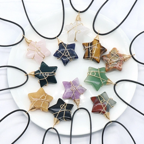 Collana Con Pendente A Stella In Pietra Naturale Avvolta Nel Filo Pentagramma Gioielli In Cristallo Curativo Regalo Artigianale