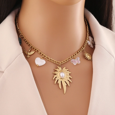 Collana In Acciaio Inossidabile Placcato Oro Con Ciondoli Farfalla Sole Fiore Perla Artificiale Gioielli Moda Per Donna