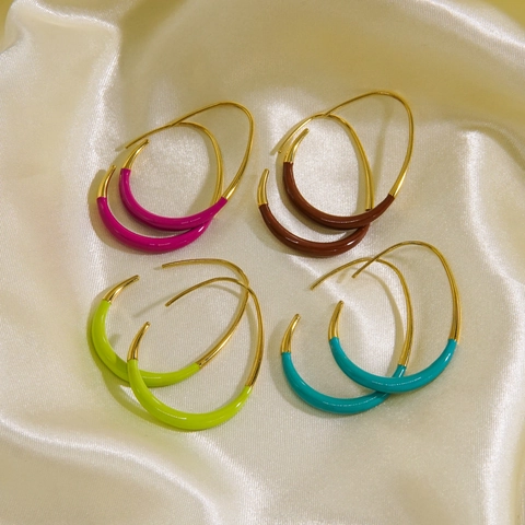 Stainless Steel Geometric C-Shaped Hook Earrings Colorful Enamel Two-Tone Minimalist Fashion Jewelry For Women