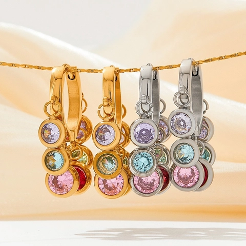 Hoop Earrings Stainless Steel With Multi Color Round Zircon Dangles Boho Fashion Jewelry For Women