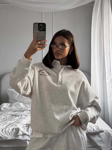 Women Polo Collar Sweatshirt Cotton Half Button Letter Print Loose Oversized Casual Long Sleeve Top