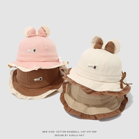 Toddler Girls Cotton Bucket Hat Cute Rabbit Bow Sun Protection Ruffle Brim Fisherman Cap With Windproof Rope Sweet