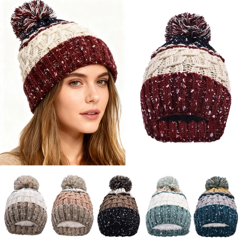 Gorro De Punto De Invierno Con Pompón Forro Polar Cálido Trenzado Grueso Bloque De Color Para Mujeres Hombres Exterior