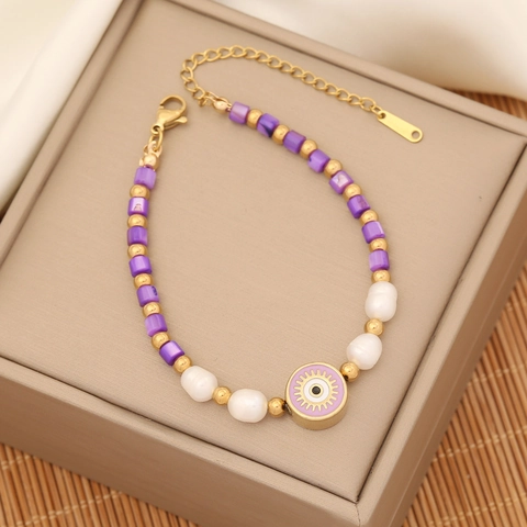 Evil Eye Beaded Bracelet Stainless Steel Shell Imitation Artificial Pearl Bohemian Adjustable Hand Jewelry For Women Fashion