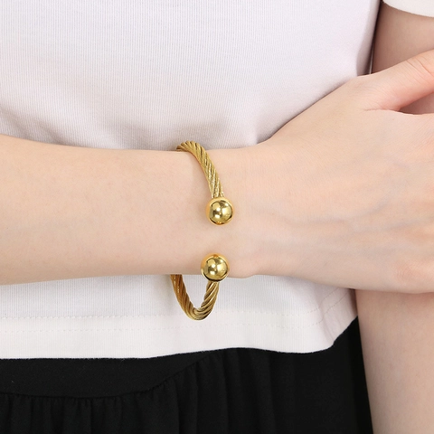 Minimalistischer 18K Vergoldeter Edelstahl Armreif Geflochtenes Kabel Offenes Manschettenarmband Doppelkugel Schmuck Damen