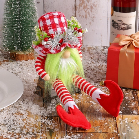 Kerstkabouter Pluche Pop Lange Benen Groene Baard Rood Wit Geruite Hoed Met Bellen Desktop Feestdagen Decor