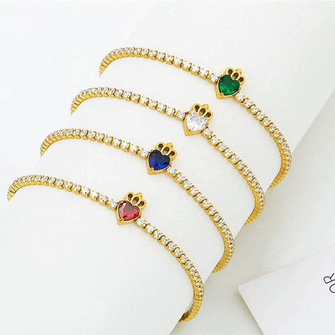 Pulsera de Tenis de Acero de Titanio Chapado en Oro con Corazón y Circonia para Mujer Elegante Colgante de Corona Pulsera Ajustable Regalo