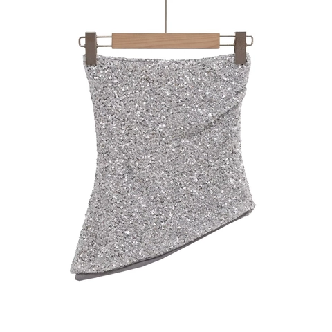 Silver Sequin Tube Top Asymmetrical Hem Strapless Party Sexy Women Sparkly Crop Top