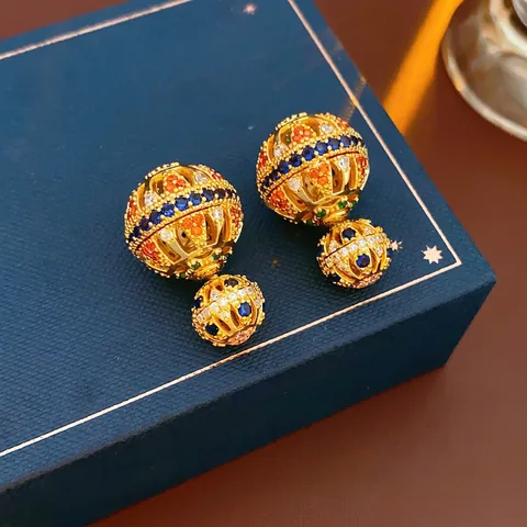 Vintage Hollow Double Sphere Ball Earrings With Multi-Color Zircon 18K Gold Plated Copper And Silver Earring Post