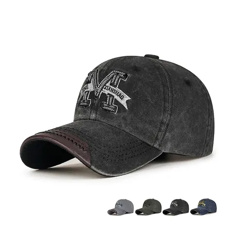 Vintage Washed Cotton Baseball Cap Letter M Embroidery Leather Brim Adjustable Outdoor Distressed Dad Hat For Men Women