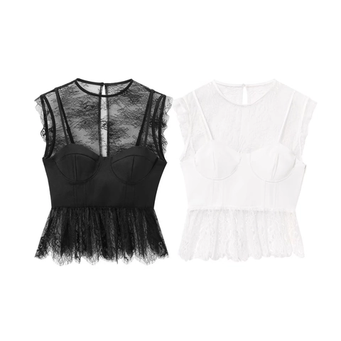 Sexy Spitzen Patchwork Bustier Crop Top Ärmellos Rundhals Transparent Wimpernspitze Elegant Sommer Weste Für Damen
