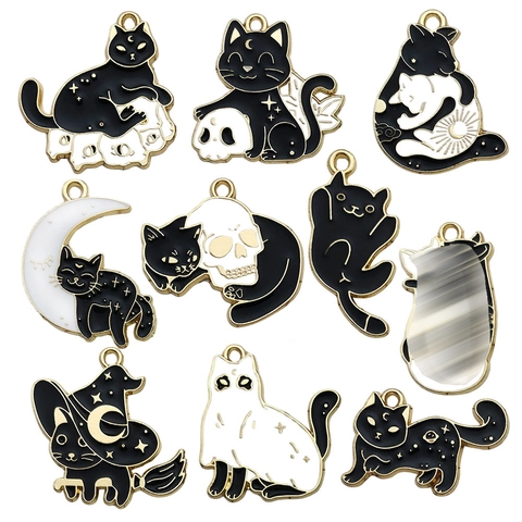 Halloween Cat Charms Alloy Enamel Moon Skull Pendant DIY Jewelry Making Accessories Gothic Mystery Style