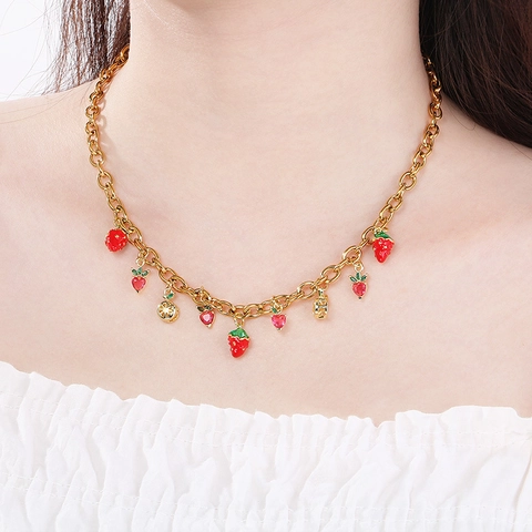 Collana Con Ciondolo Frutta Fragola Ciliegia Acciaio Al Titanio Placcato Oro Smalto Gioielli Stile Ins Dolce Per Donna