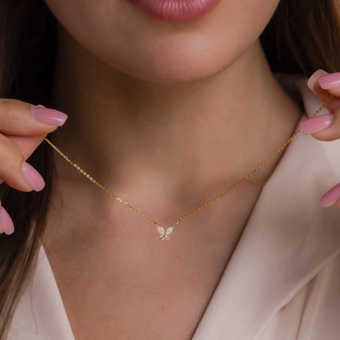 Schmetterling Anhänger Halskette Edelstahl Mit Rosa Blauem Opal Und Strass 18K Gold Plattiert Eleganter Schmuck Damen