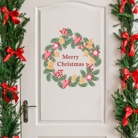Pegatina De Pared De Corona De Navidad PVC Feliz Navidad Calcomanía De Puerta Para El Hogar Sala Dormitorio Decoración Festiva Guirnalda