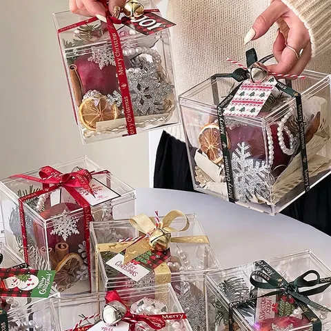 Caja Regalo De Navidad De Acrílico Transparente Empaque De Flores Cuadrado Para Fiestas Navideñas Con Cinta Decorativa