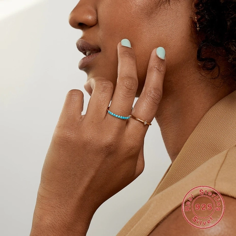 Geometric Rings 925 Sterling Silver Zircon Artificial Pearl Turquoise Love Letter Minimalist Stackable Jewelry Women