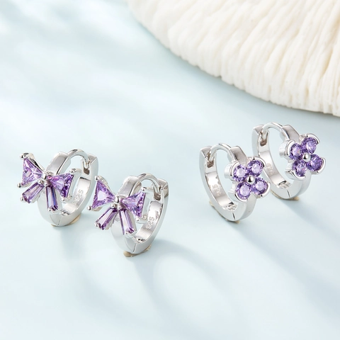 S925 Sterling Silber Lila Strass Schleife Kleeblatt Ohrringe Für Damen Minimalistisch Floral Design High Sense Schmuck