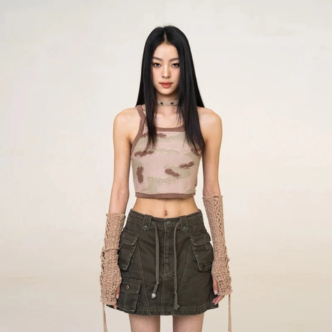 Women's Camouflage Knitted Tank Top Cotton Desert Camo Cropped Halter Neck Streetwear Y2K Slim Fit