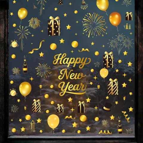 Autocollants De Fenêtre Bonne Année Or Noir Feux D Artifice Ballons Décalcomanies Statiques Verre Décoration De Fête