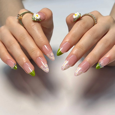 Almond Press On Nails Long French Green Tip 3D White Daisy Floral Relief With Rhinestones Glossy False Fingernails For Women